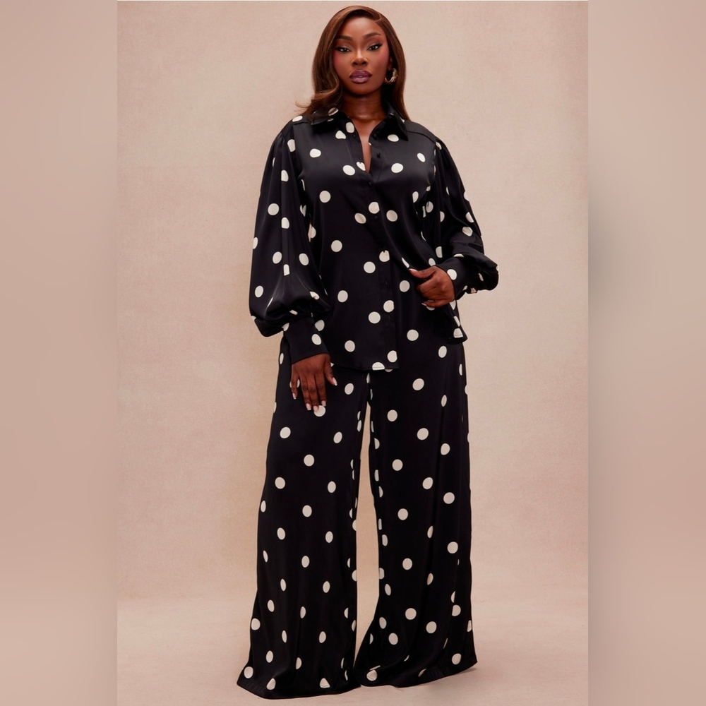 Polka Dot Satin Pantsuit in Black and White